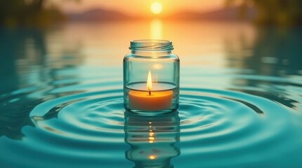 Candle in a jar floating on rippling water with golden light