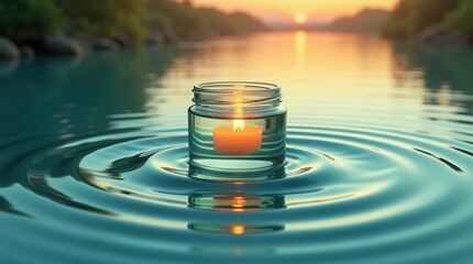 Candle in a jar floating on rippling water with golden light