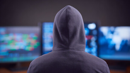 A hooded figure sitting in front of multiple computer screens, immersed in data analysis and technology.