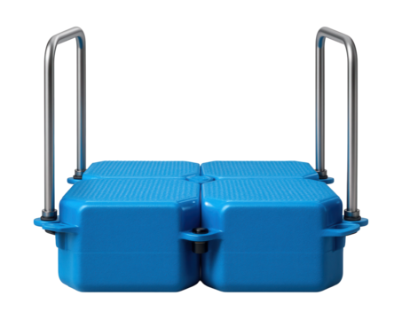 Modular floating dock with buoyant sections and sturdy steel handrails.