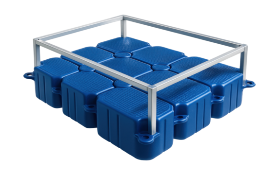 Floating platform with plastic floats and aluminum structure.