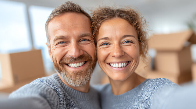 A joyful couple takes a selfie together, radiating happiness and love, surrounded by unpacked moving boxes in their new home.
