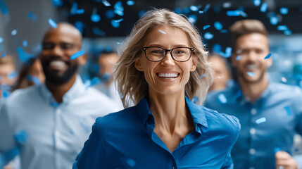 A joyful group of professionals celebrating success with confetti, showcasing teamwork and positivity in a corporate environment.