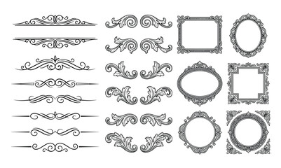 Decorative ornamental frames, calligraphic dividers and flourishes elements. Isolated design set.