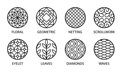 Decorative round patterns set includes floral geometric netting scrollwork eyelet leaves diamonds waves