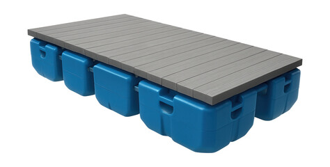 Modular floating dock featuring polyethylene floats and composite surface.