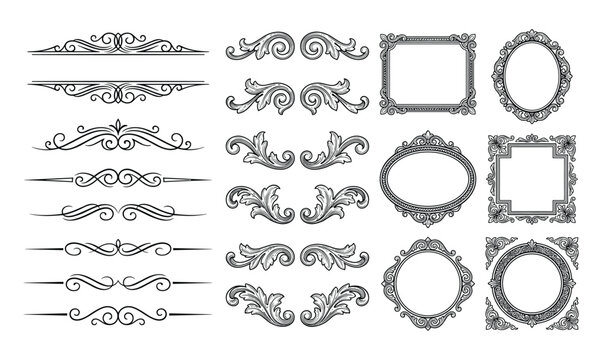 Decorative ornamental frames, calligraphic dividers and flourishes elements. Isolated design set.