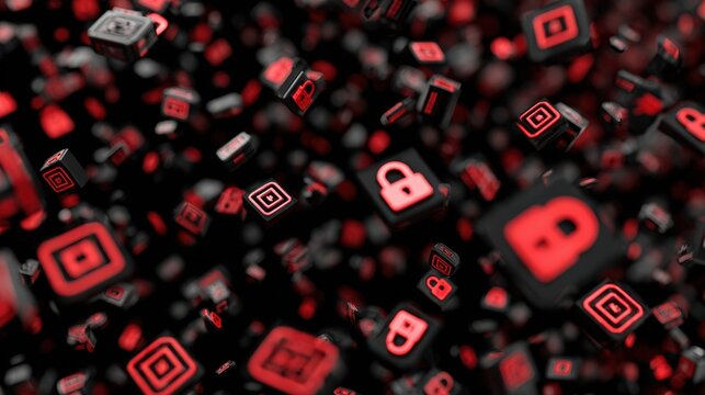 Database Lock Symbols Shatter Into Fragments Amidst a Ransomware Attack in a Black and Red Aesthetic Setting