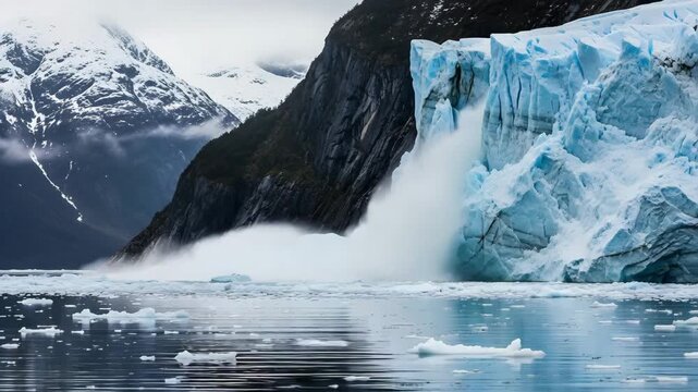 Stunning view of a glacier calving with icebergs and mountains in a cold environment