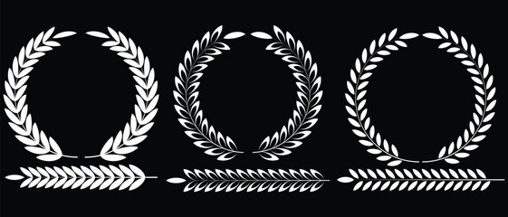 Set of wreath and branches with leaves. Laurel wreath icon vector. Laurels wreaths, swirls, twigs and flower ornaments, certified, badge, trophy, award, winner round emblem, logo. Vector illustration.