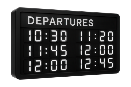 Digital departure board featuring a black background and white LED display.