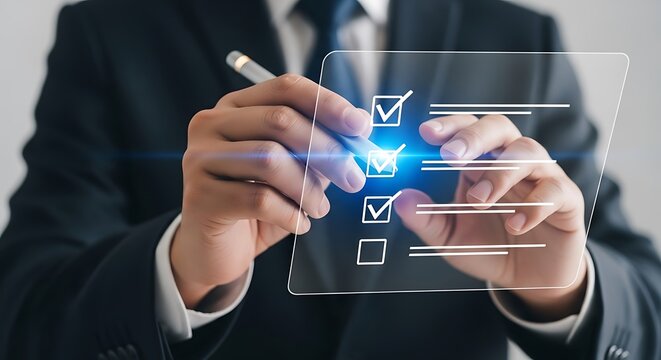 Businessman Marking Checkboxes on a Transparent Screen Planning and Success Concept