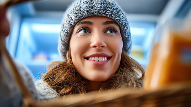 A joyful woman smiles while opening her fridge, exploring healthy food options, showcasing happiness and modern living.