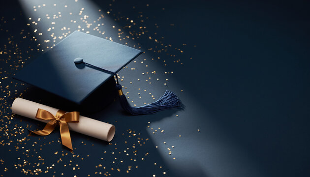 Graduation cap, diploma scroll with ribbon and confetti on a dark blue background with copy space