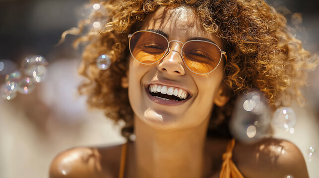A joyful woman with curly hair laughs while wearing sunglasses, surrounded by bubbles, embodying carefree summer vibes.
