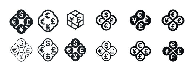 Currency symbol icons: dollar, euro, yen, pound, won in creative designs