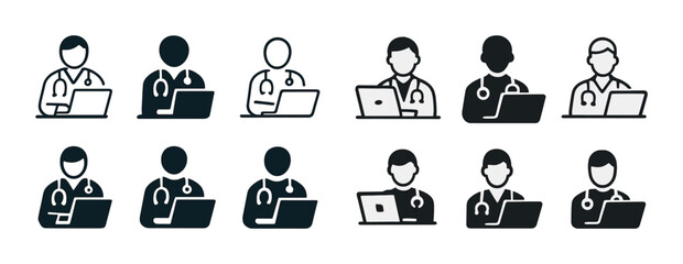 Icon set: diverse medical professionals with laptops in various styles