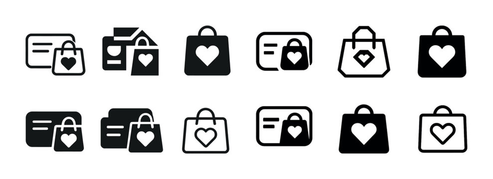 Shopping bag and card icons with heart design in various styles
