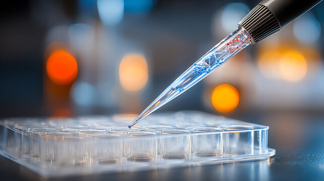 A laboratory pipette transfers liquid into a microplate, showcasing precision in scientific research and experimentation.