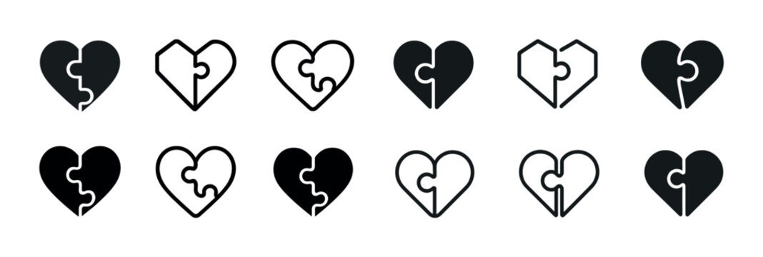 Heart puzzle logo symbols in black and white - set of 10 designs