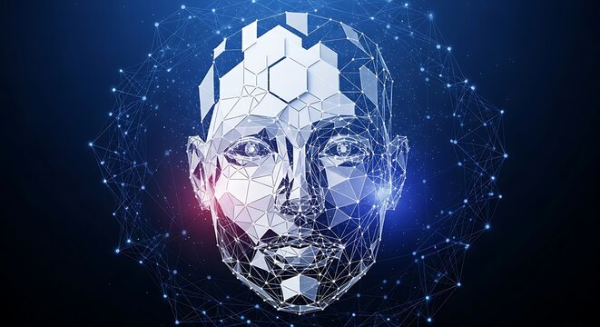Abstract Digital Human Head with Geometric Facets and Glowing Connections.