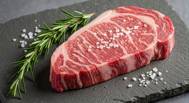 Raw alpaca steak with marbled texture on a stone slab with rosemary and coarse salt - Powered by Adobe