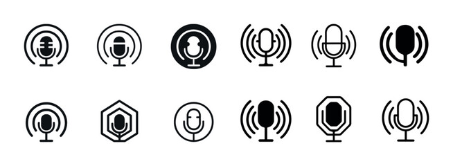 Variety of microphone icon designs in black and white