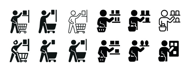 Fototapeta premium Shopping icon set: stick figures with carts and baskets in various poses