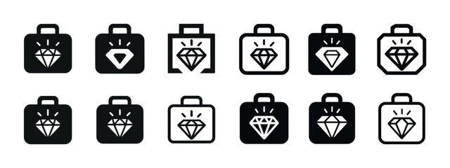 Set of black and white diamond icon briefcases in various styles