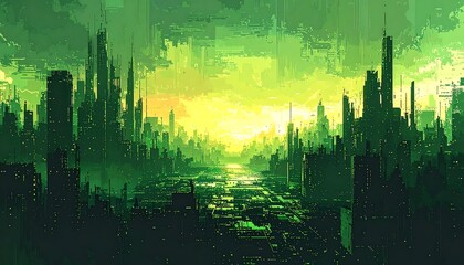 Post-Apocalyptic Cityscape - A Green Haze of Decay and Ruin.