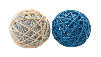 Two rubber band balls, one beige and one blue, isolated on transparent background