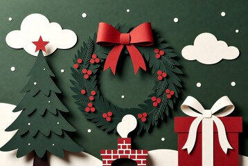 Dark Green Paper-Cut Christmas Forest Banner with Stars and Candy Pole