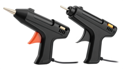 Two black hot glue guns with orange trigger isolated on transparent background