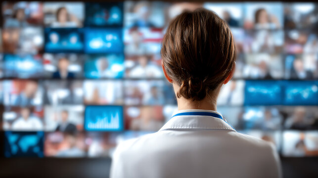 A professional analyzing data on multiple screens, showcasing modern technology in a corporate environment.