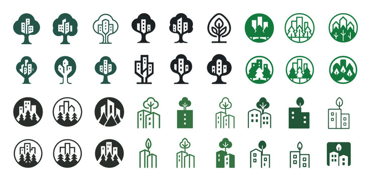 Urban nature icons: trees and buildings in green and black design