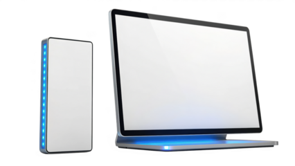 Modern laptop computer next to a vertical electronic device isolated on transparent background