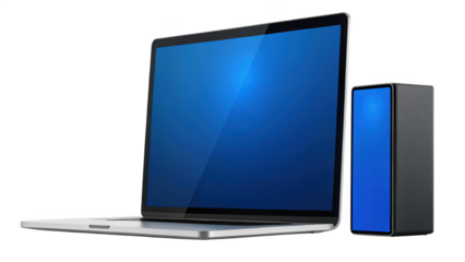 Laptop computer connected to a small external hard drive isolated on transparent background