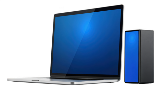 Laptop computer connected to a small external hard drive isolated on transparent background