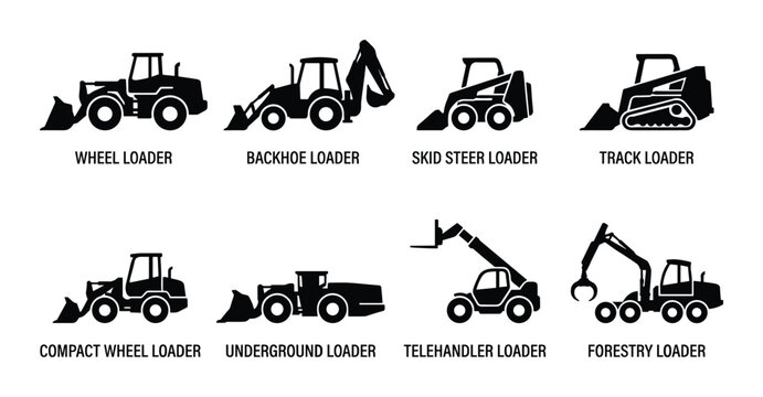 Heavy construction equipment loaders. Wheel, backhoe, skid steer, track, compact, underground, telehandler.