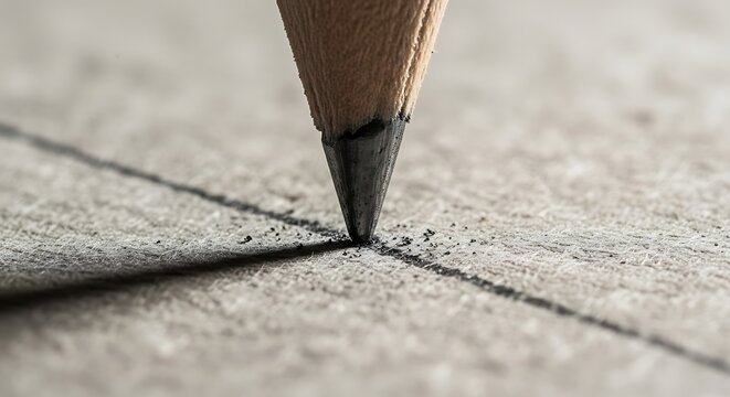 Close up macro view of a sharpened pencil tip drawing a precise line on textured paper creating a shadow - Powered by Adobe