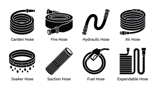 Hose types glyph icons set. Garden, fire, hydraulic, air, soaker, suction, fuel, expandable hoses