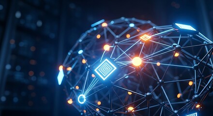 Abstract Technology Network with Glowing Nodes and Central Microchip.