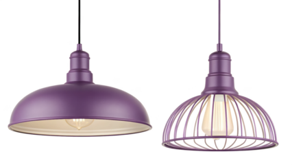 Two purple industrial pendant light fixtures isolated on transparent background