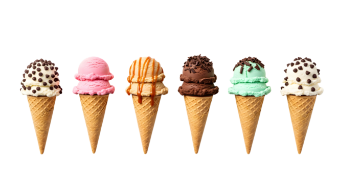 A colorful assortment of ice cream cones on a black background