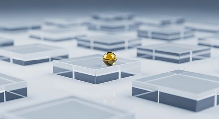 Golden seed on a pedestal among many clear blocks with soft lighting