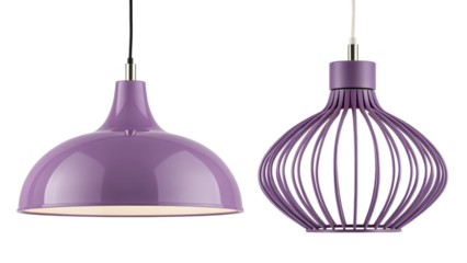 Two purple modern pendant light fixtures isolated on transparent background
