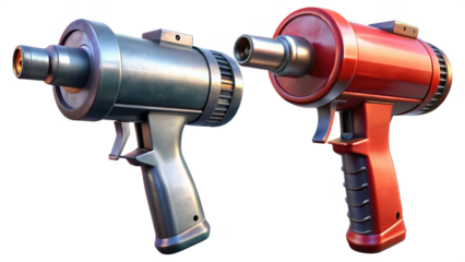 Two retro scifi ray guns, one silver and one red, isolated on transparent background