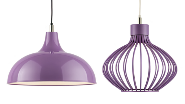 Two purple modern pendant light fixtures isolated on transparent background