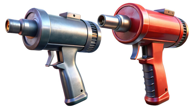 Two retro scifi ray guns, one silver and one red, isolated on transparent background