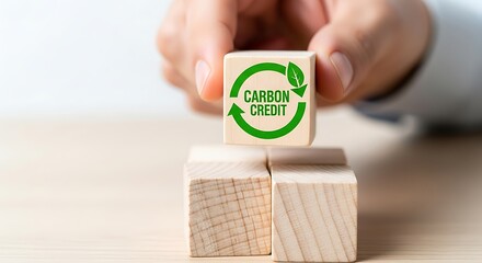 Implementing Green Economy Principles Hand places 'Carbon Credit' block for sustainable environmental impact